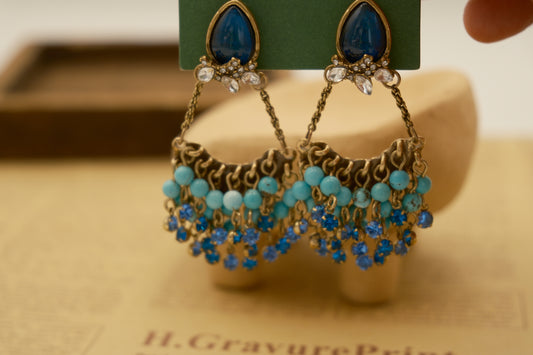 Fan-Shaped Tassel Earrings with Vintage Copper Alloy, Natural Stone Beads: Turquoise + Colored Glaze