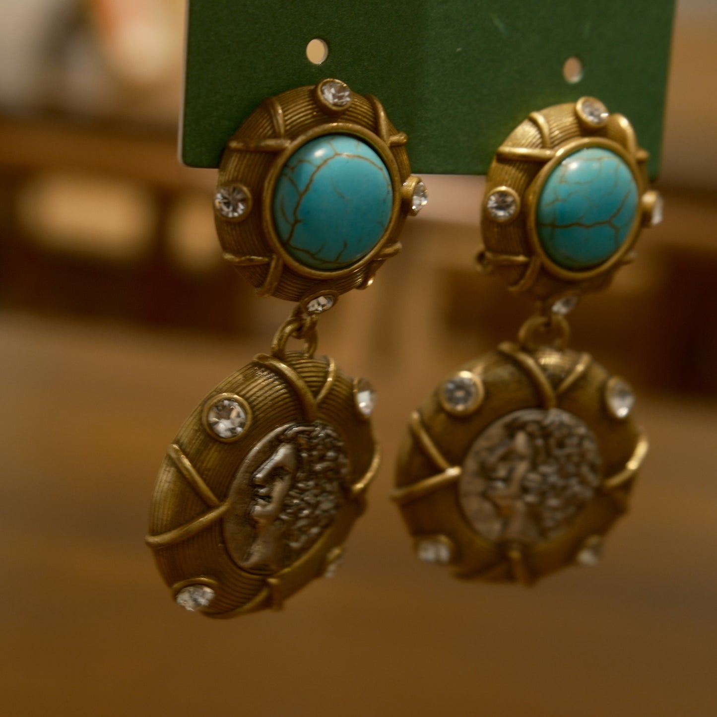 Vintage Natural Stone Distressed Stud Earrings: BVLGARI Coin Portrait + Turquoise