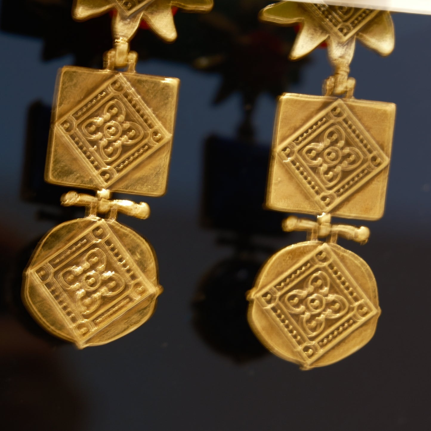 Vintage Distressed Gold Red Rose Lapis Lazuli Earrings: BVLGARI Coin Motif