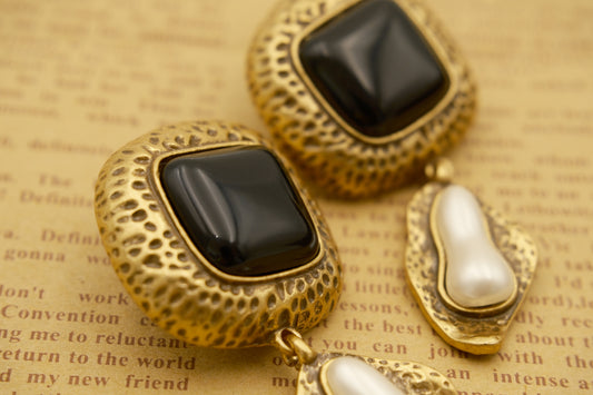 White Pendant Earrings with Vintage Gold-Plated Copper, Black Resin: Natural Agate + Glass Beads