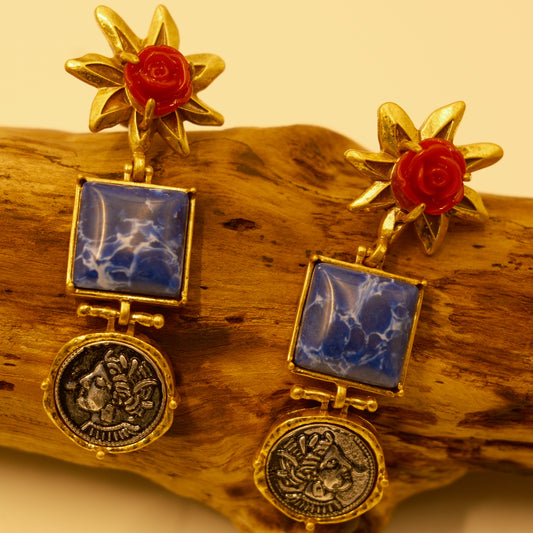 Vintage Distressed Gold Red Rose Lapis Lazuli Earrings: BVLGARI Coin Motif
