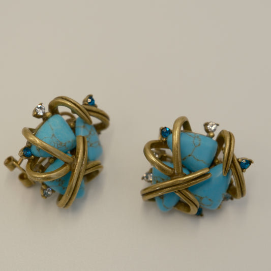 Vintage Distressed Gold-Plated Copper Turquoise & Diamond-Inlaid Earrings: Tiffany-Inspired Gold-Plated Copper (Distressed) + Turquoise