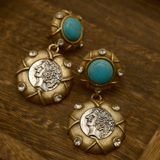 Vintage Natural Stone Distressed Stud Earrings: BVLGARI Coin Portrait + Turquoise