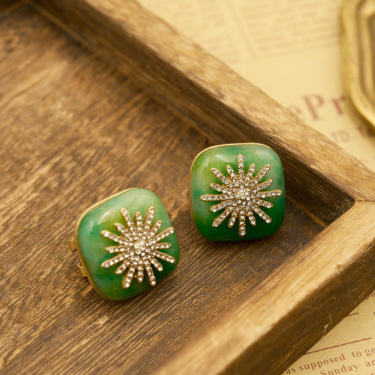 Sunflower Shaped Stud Earrings: Natural Stone + Inlaid Gem