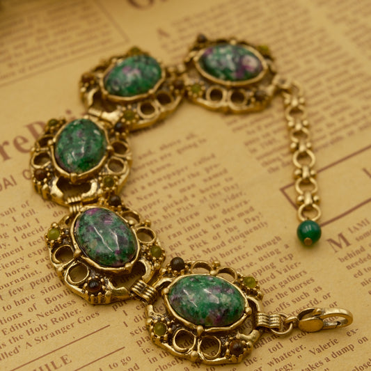 Green Stone Bracelet with Vintage Gold-Plated Copper (Distressed): Watermelon Stone