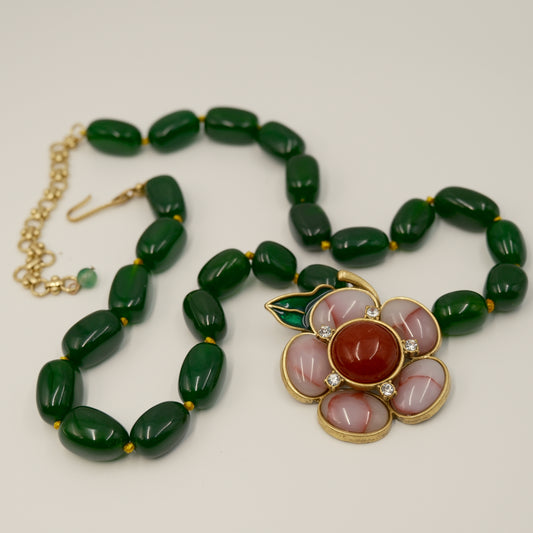 Vintage Flower Necklace with Green Agate, Red Natural Stone & Inlaid Pink Agate