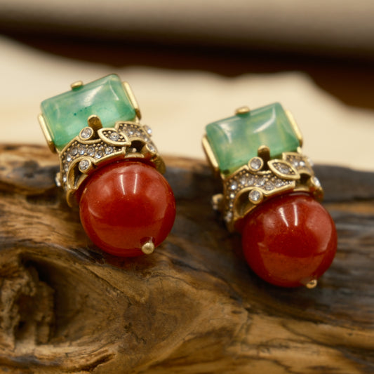 Square Pendant Earrings with Vintage Gold-Plated Copper (Distressed): Green Agate + Red Agate + Natural Stones