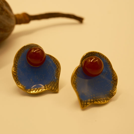 Vintage Copper Alloy Red Agate Enamel Earrings: Distressed Gold-Plated Copper + Natural Agate + Hand-Painted Enamel
