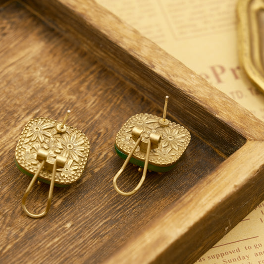 Sunflower Shaped Stud Earrings: Natural Stone + Inlaid Gem