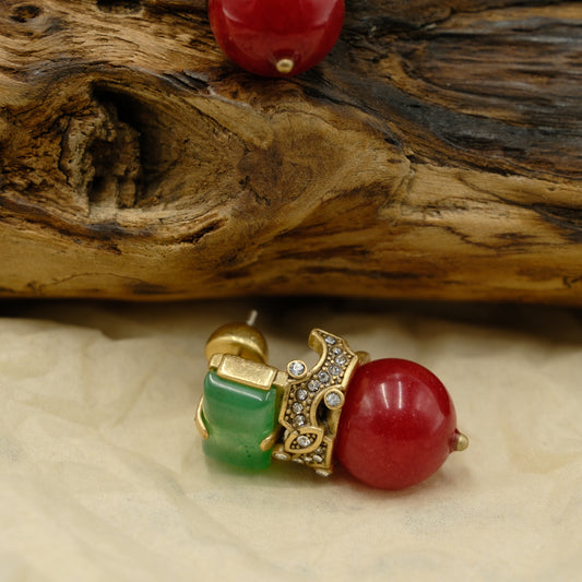 Square Pendant Earrings with Vintage Gold-Plated Copper (Distressed): Green Agate + Red Agate + Natural Stones