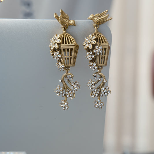 Vintage Distressed Gold Birdcage & Bird Stud Earrings with Diamond Inlays