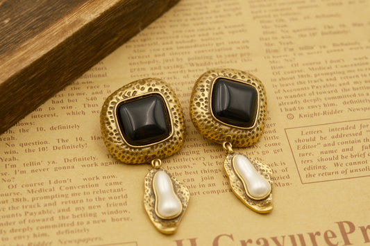 White Pendant Earrings with Vintage Gold-Plated Copper, Black Resin: Natural Agate + Glass Beads