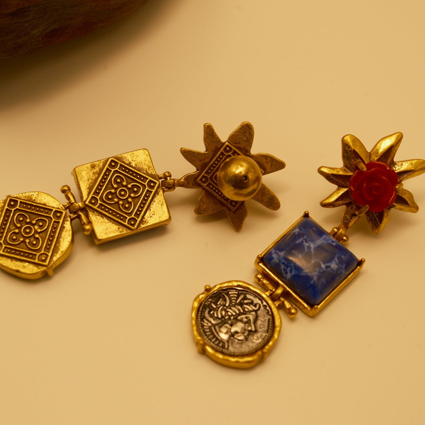 Vintage Distressed Gold Red Rose Lapis Lazuli Earrings: BVLGARI Coin Motif