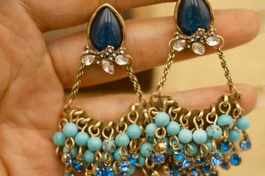 Fan-Shaped Tassel Earrings with Vintage Copper Alloy, Natural Stone Beads: Turquoise + Colored Glaze