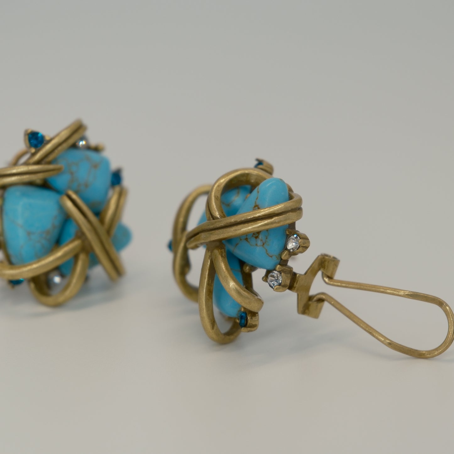 Vintage Distressed Gold-Plated Copper Turquoise & Diamond-Inlaid Earrings: Tiffany-Inspired Gold-Plated Copper (Distressed) + Turquoise