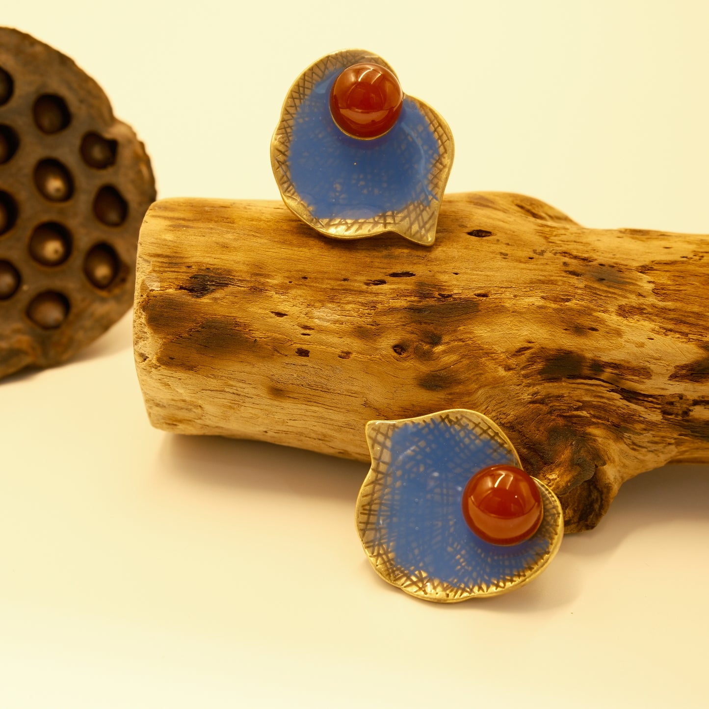 Vintage Copper Alloy Red Agate Enamel Earrings: Distressed Gold-Plated Copper + Natural Agate + Hand-Painted Enamel