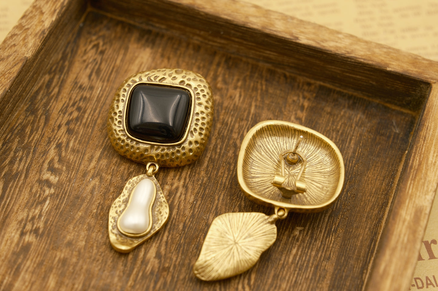 White Pendant Earrings with Vintage Gold-Plated Copper, Black Resin: Natural Agate + Glass Beads
