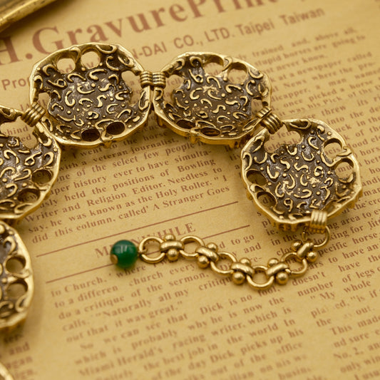 Green Stone Bracelet with Vintage Gold-Plated Copper (Distressed): Watermelon Stone