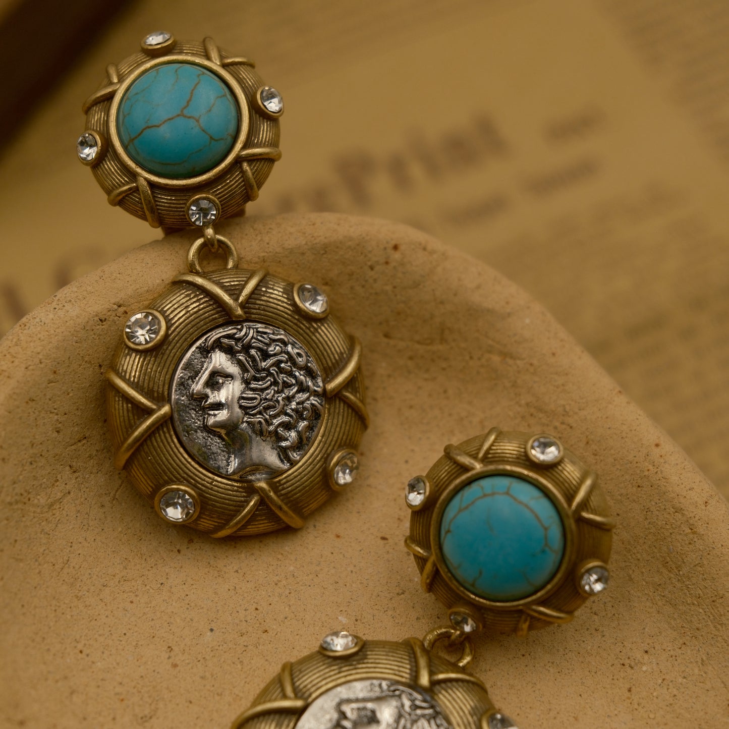 Vintage Natural Stone Distressed Stud Earrings: BVLGARI Coin Portrait + Turquoise