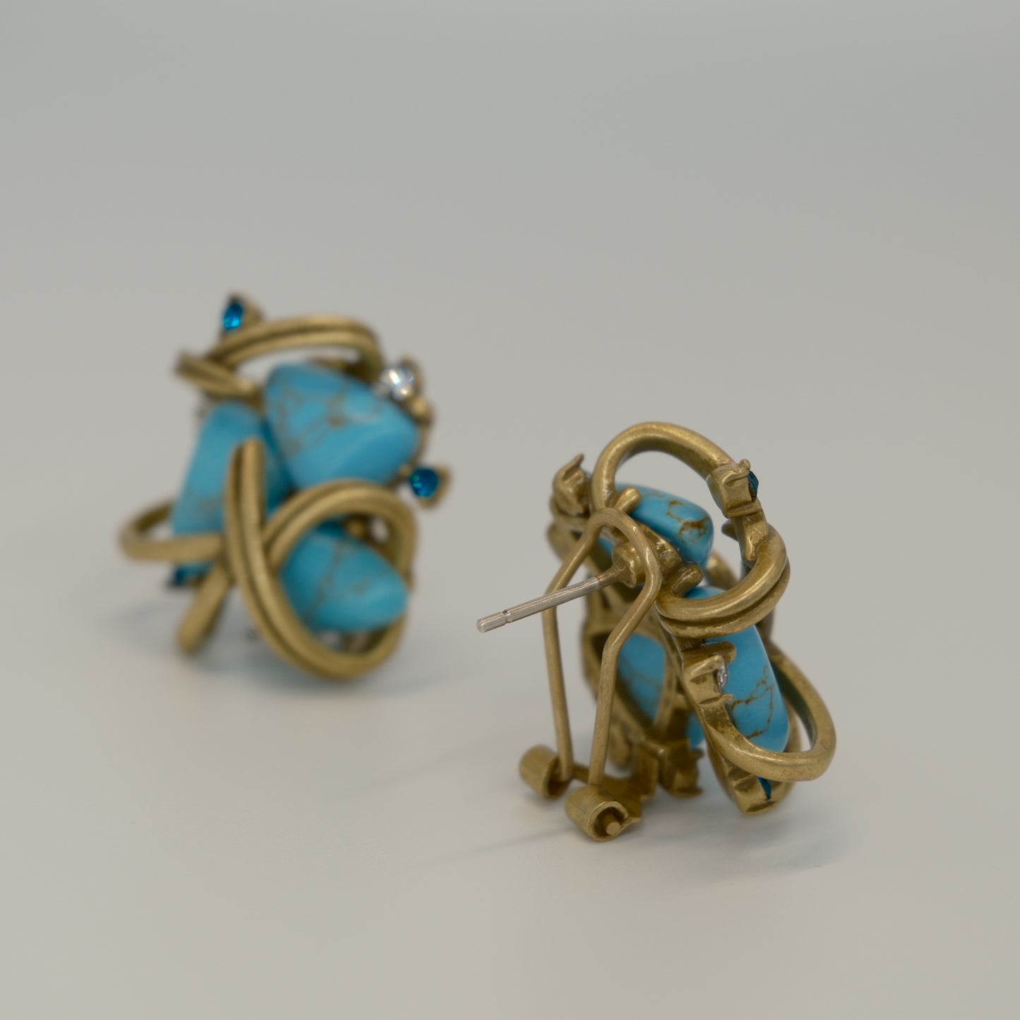 Vintage Distressed Gold-Plated Copper Turquoise & Diamond-Inlaid Earrings: Tiffany-Inspired Gold-Plated Copper (Distressed) + Turquoise