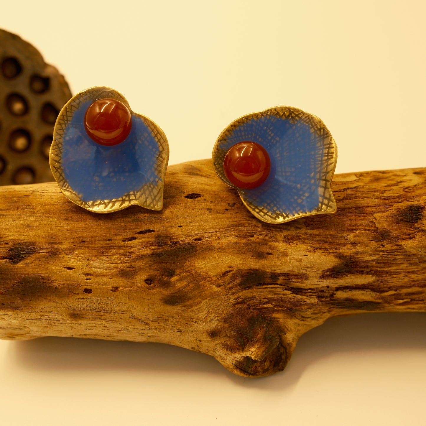 Vintage Copper Alloy Red Agate Enamel Earrings: Distressed Gold-Plated Copper + Natural Agate + Hand-Painted Enamel