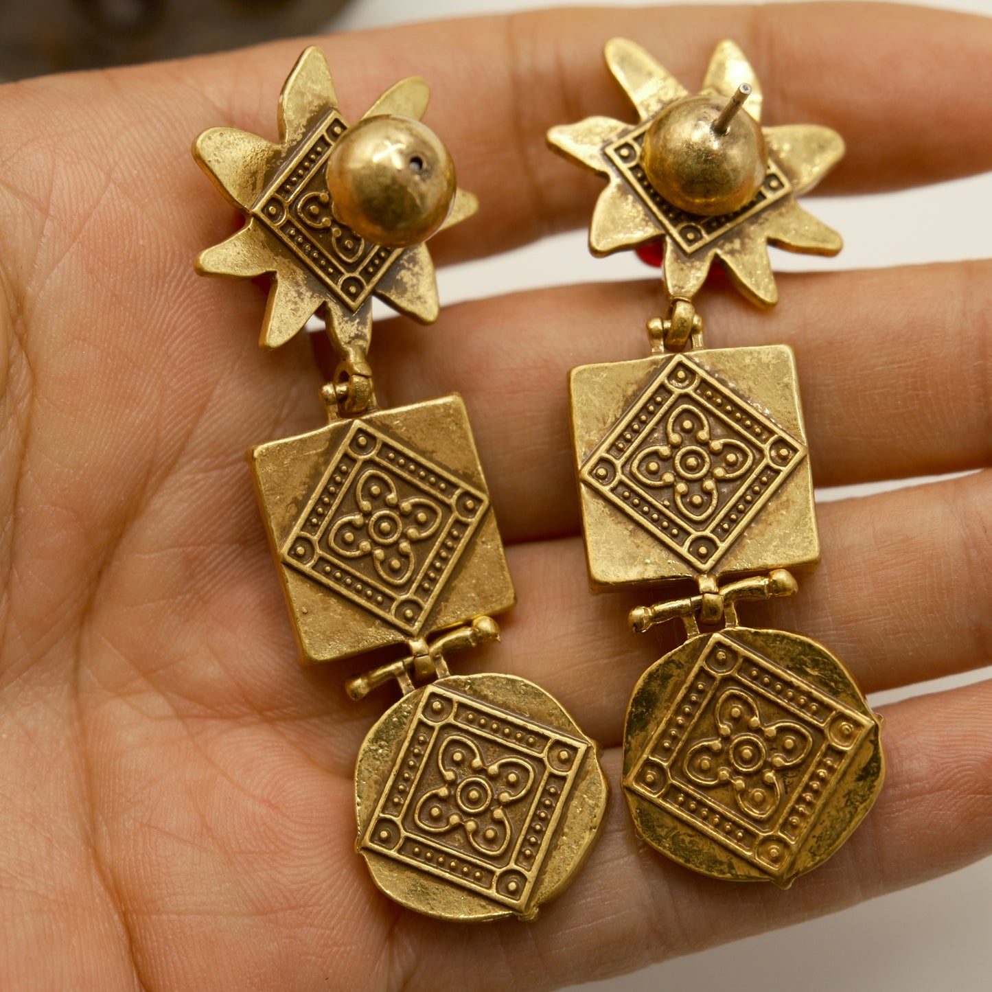 Vintage Distressed Gold Red Rose Lapis Lazuli Earrings: BVLGARI Coin Motif