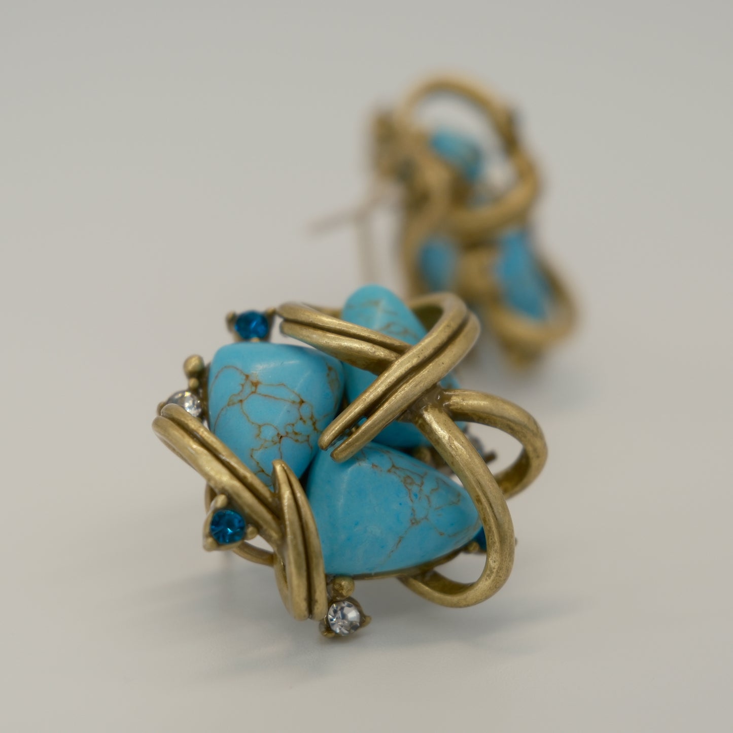 Vintage Distressed Gold-Plated Copper Turquoise & Diamond-Inlaid Earrings: Tiffany-Inspired Gold-Plated Copper (Distressed) + Turquoise