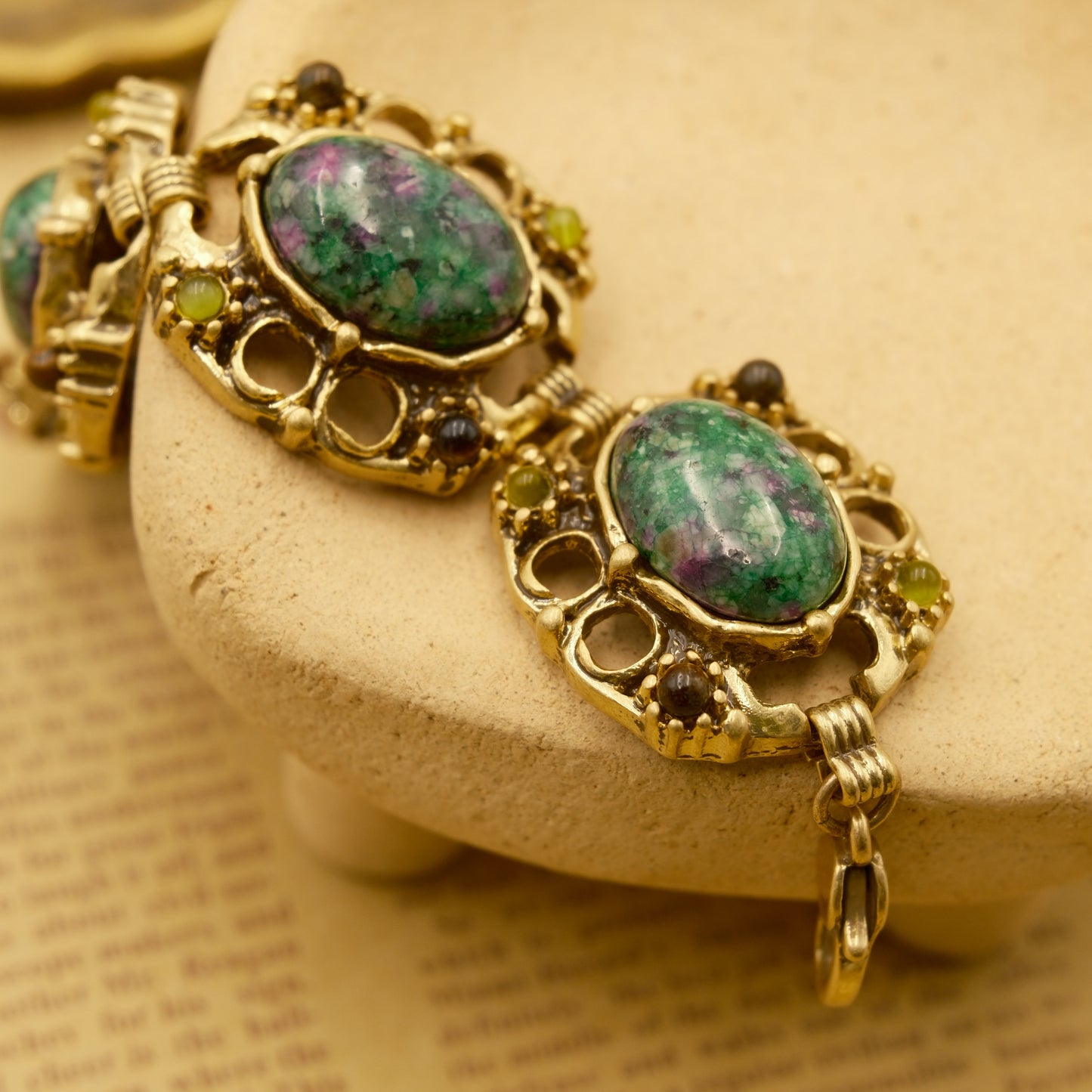Green Stone Bracelet with Vintage Gold-Plated Copper (Distressed): Watermelon Stone