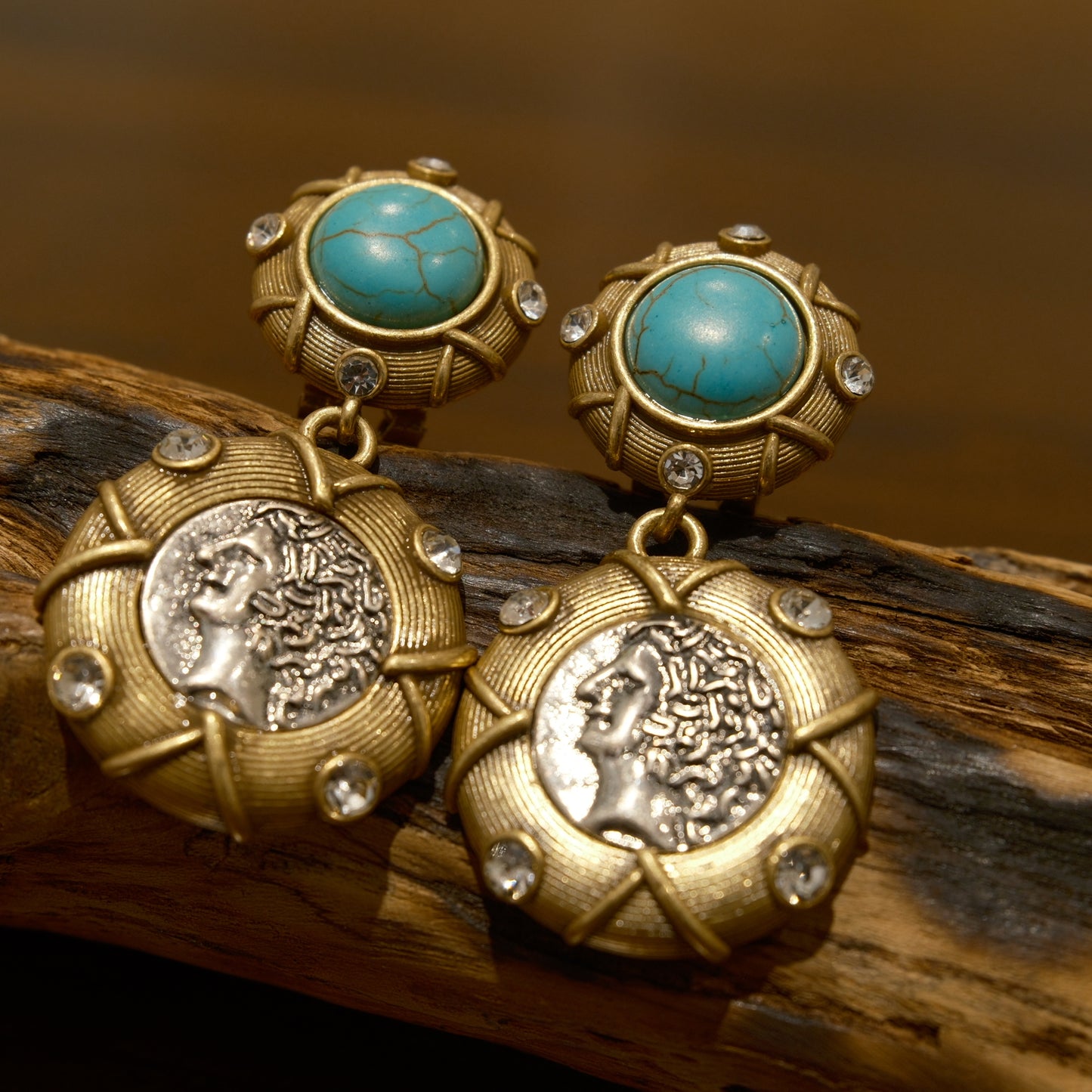 Vintage Natural Stone Distressed Stud Earrings: BVLGARI Coin Portrait + Turquoise