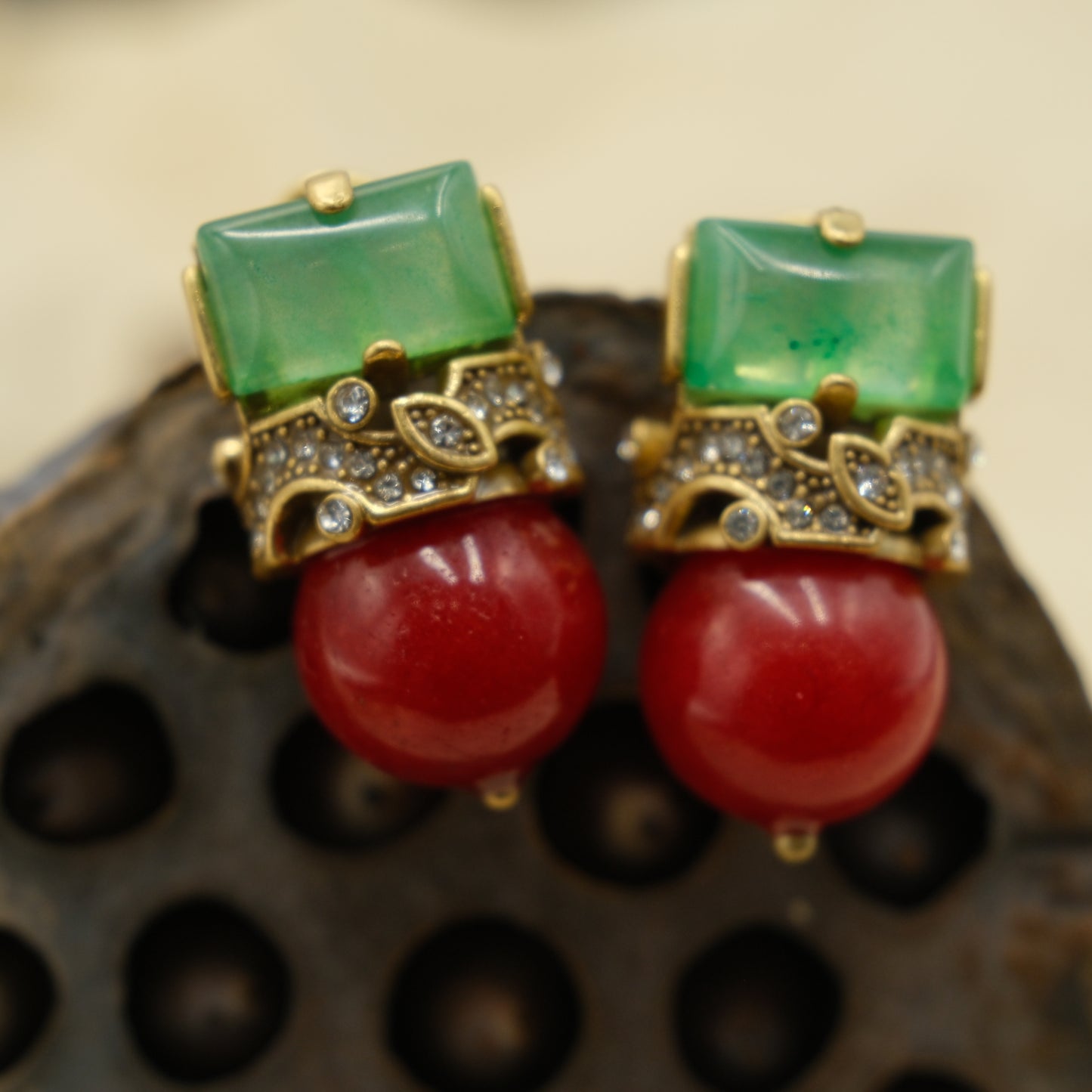 Square Pendant Earrings with Vintage Gold-Plated Copper (Distressed): Green Agate + Red Agate + Natural Stones