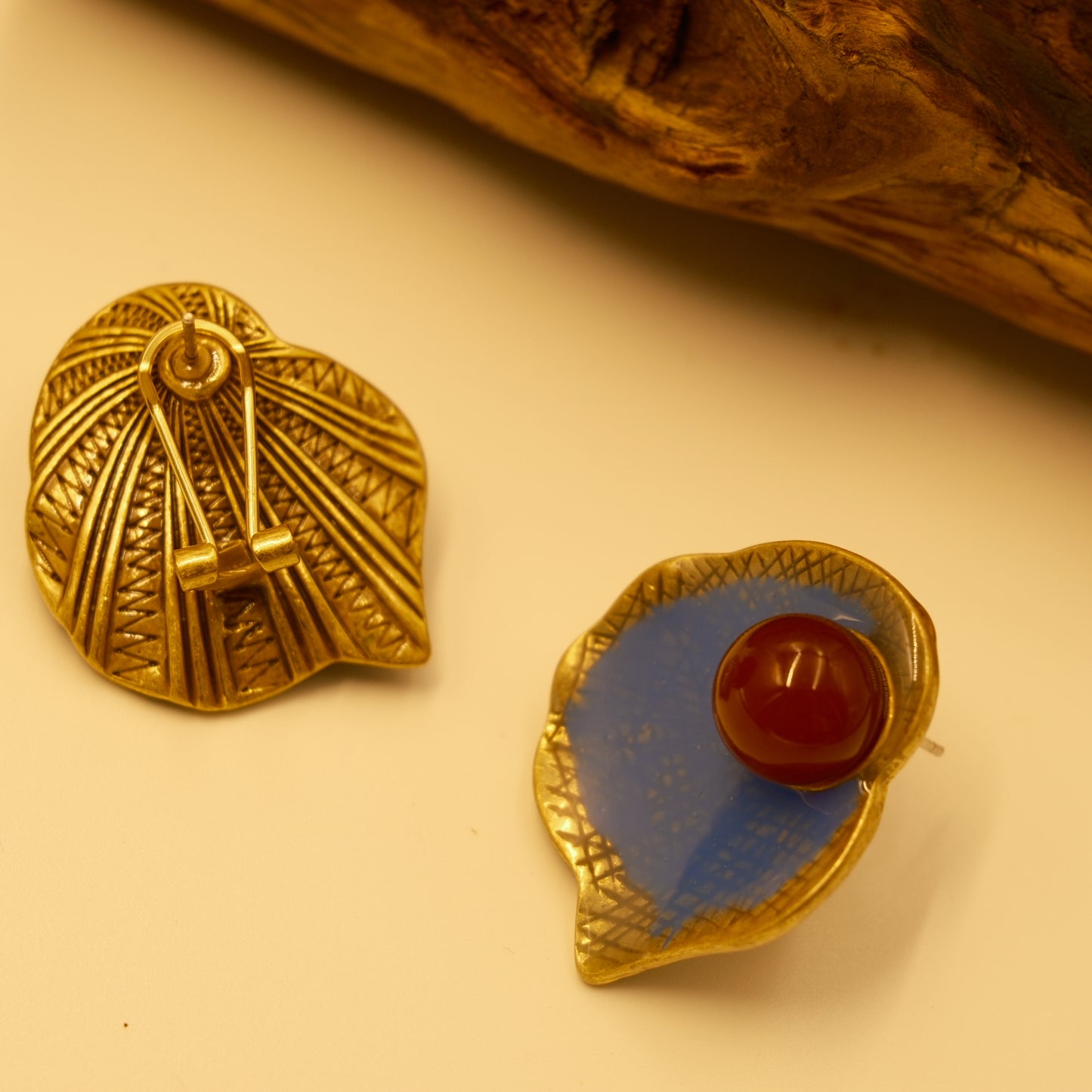 Vintage Copper Alloy Red Agate Enamel Earrings: Distressed Gold-Plated Copper + Natural Agate + Hand-Painted Enamel