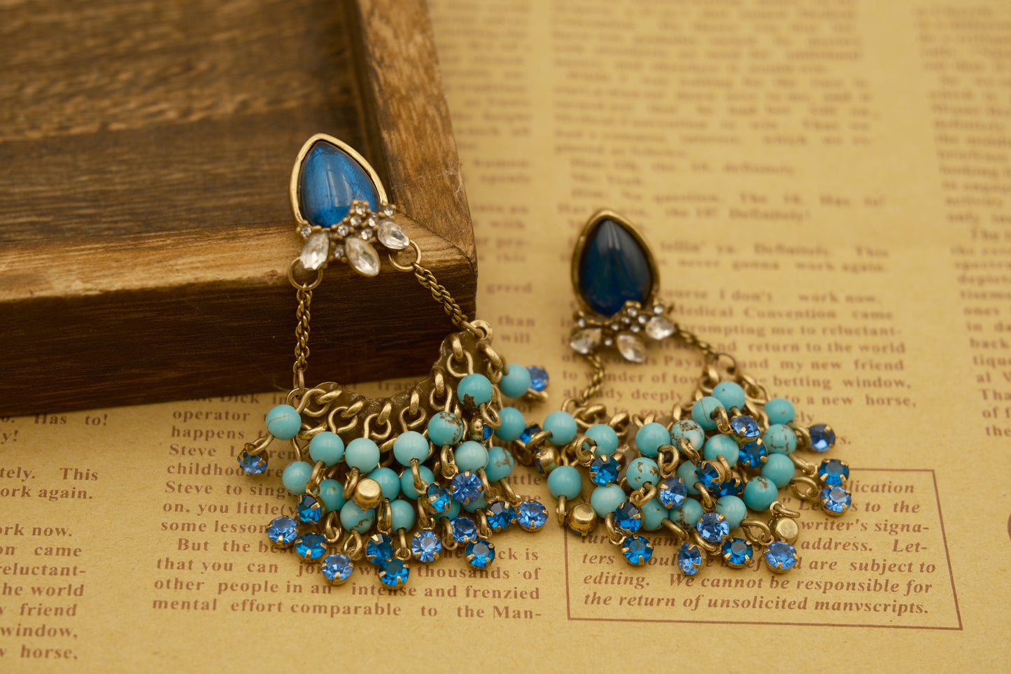 Fan-Shaped Tassel Earrings with Vintage Copper Alloy, Natural Stone Beads: Turquoise + Colored Glaze