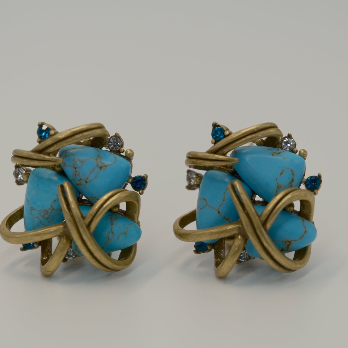 Vintage Distressed Gold-Plated Copper Turquoise & Diamond-Inlaid Earrings: Tiffany-Inspired Gold-Plated Copper (Distressed) + Turquoise