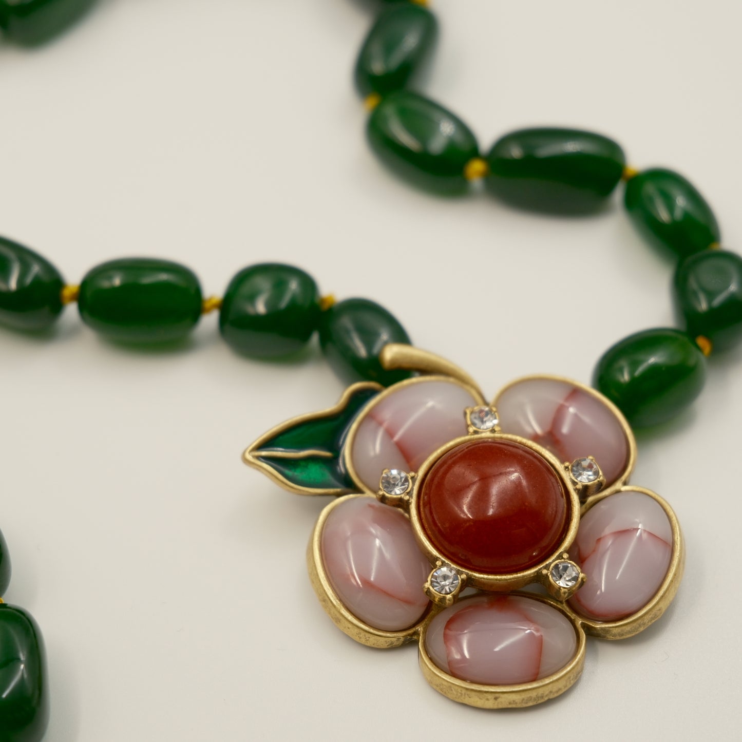 Vintage Flower Necklace with Green Agate, Red Natural Stone & Inlaid Pink Agate