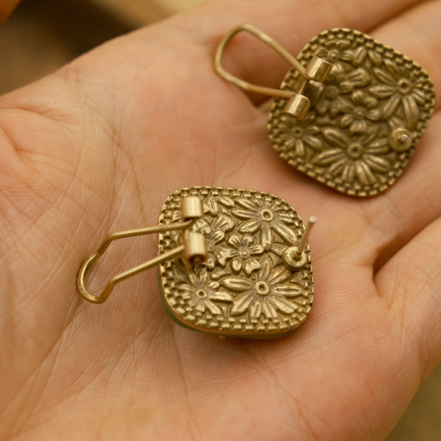 Sunflower Shaped Stud Earrings: Natural Stone + Inlaid Gem