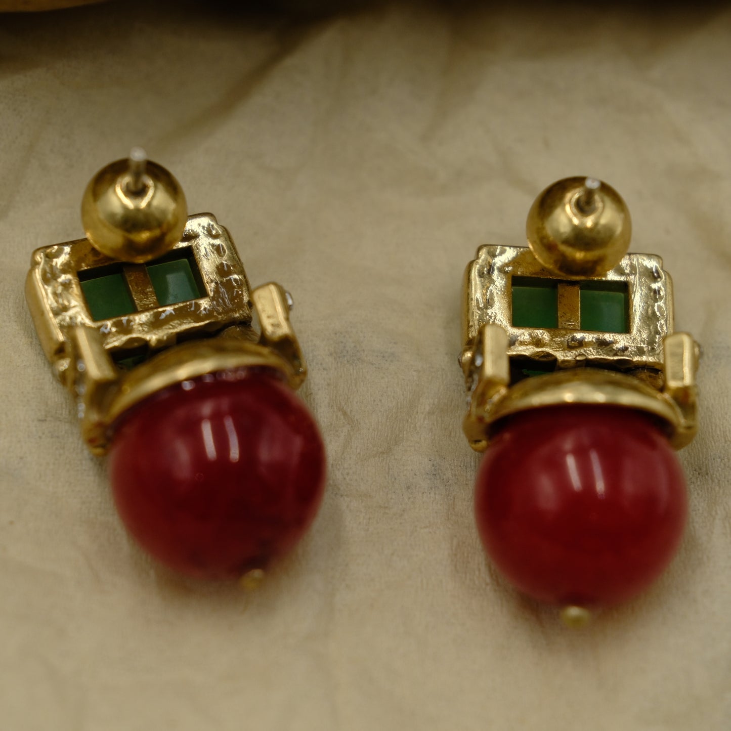 Square Pendant Earrings with Vintage Gold-Plated Copper (Distressed): Green Agate + Red Agate + Natural Stones