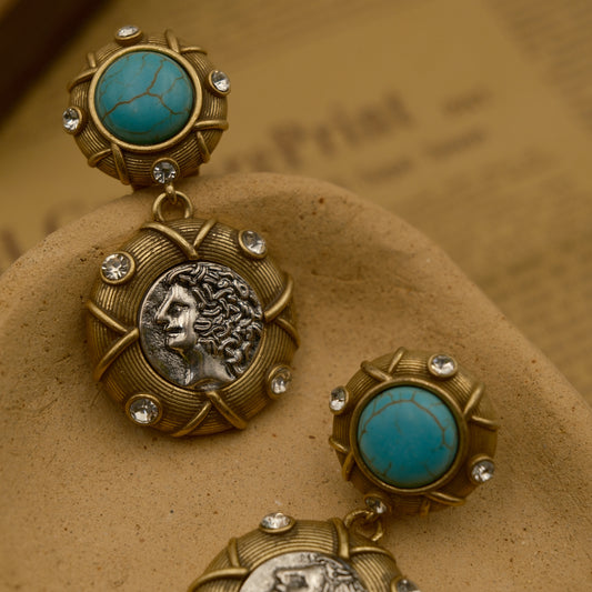 Vintage Natural Stone Distressed Stud Earrings: BVLGARI Coin Portrait + Turquoise
