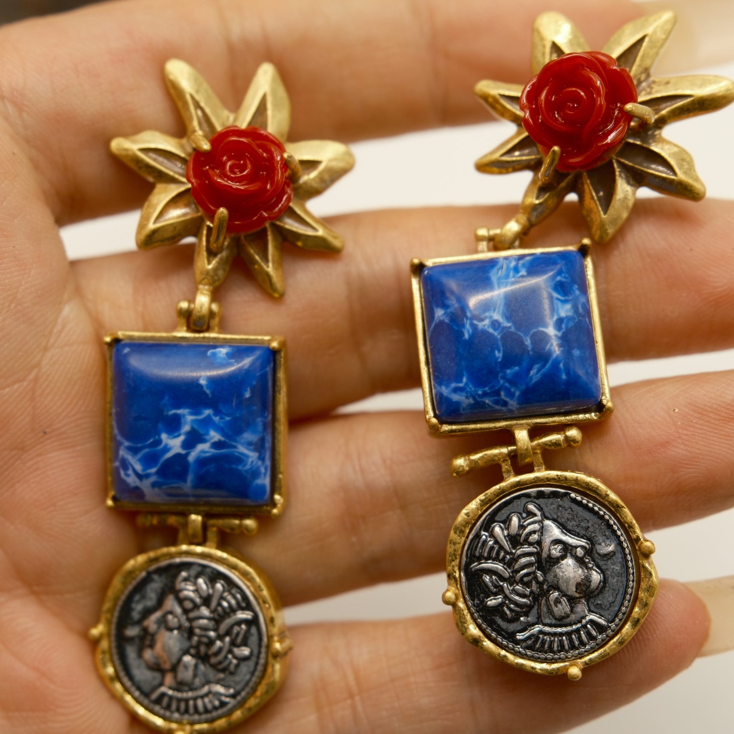 Vintage Distressed Gold Red Rose Lapis Lazuli Earrings: BVLGARI Coin Motif