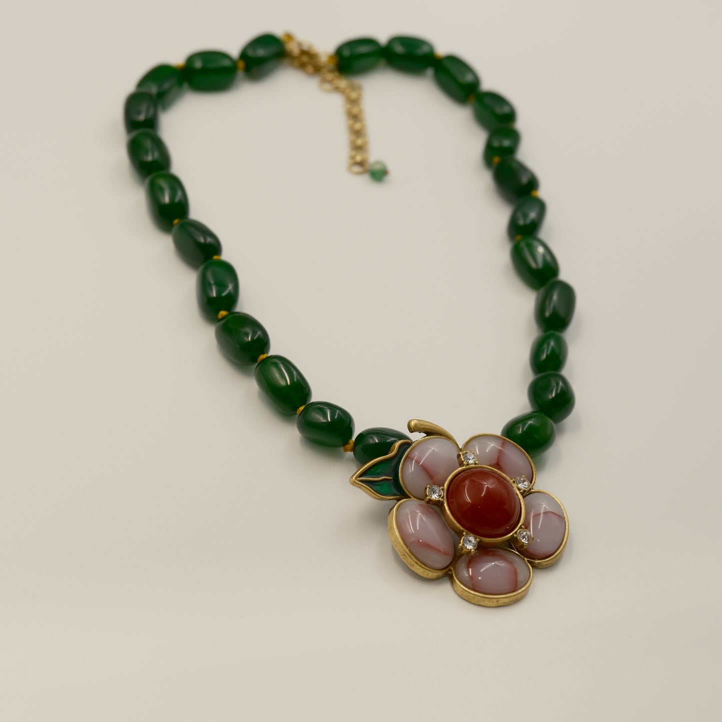 Vintage Flower Necklace with Green Agate, Red Natural Stone & Inlaid Pink Agate