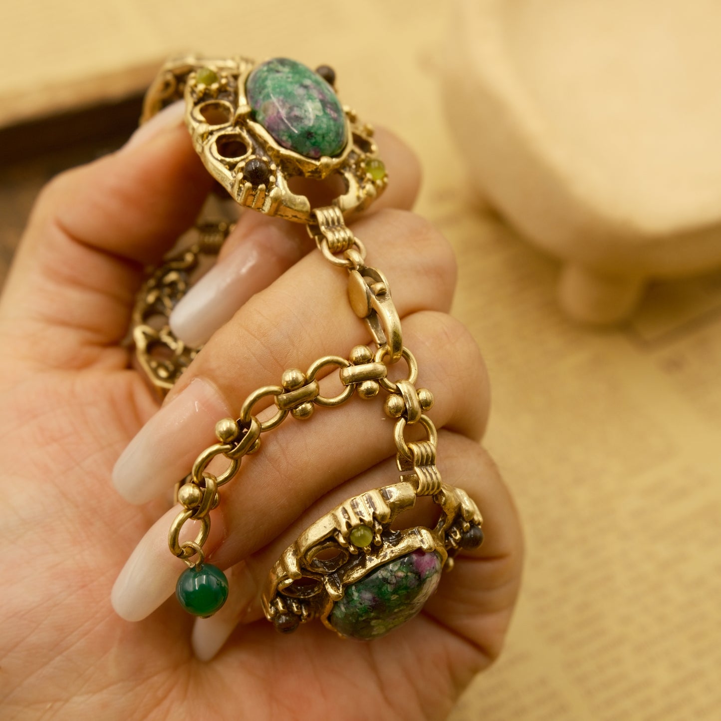 Green Stone Bracelet with Vintage Gold-Plated Copper (Distressed): Watermelon Stone
