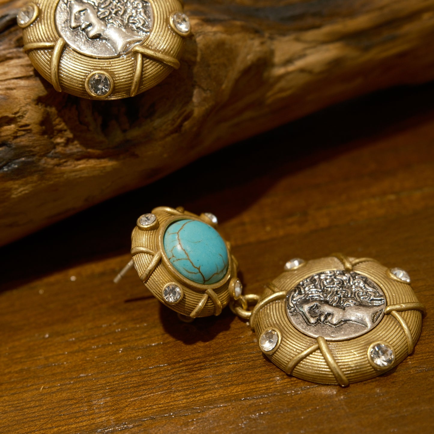 Vintage Natural Stone Distressed Stud Earrings: BVLGARI Coin Portrait + Turquoise