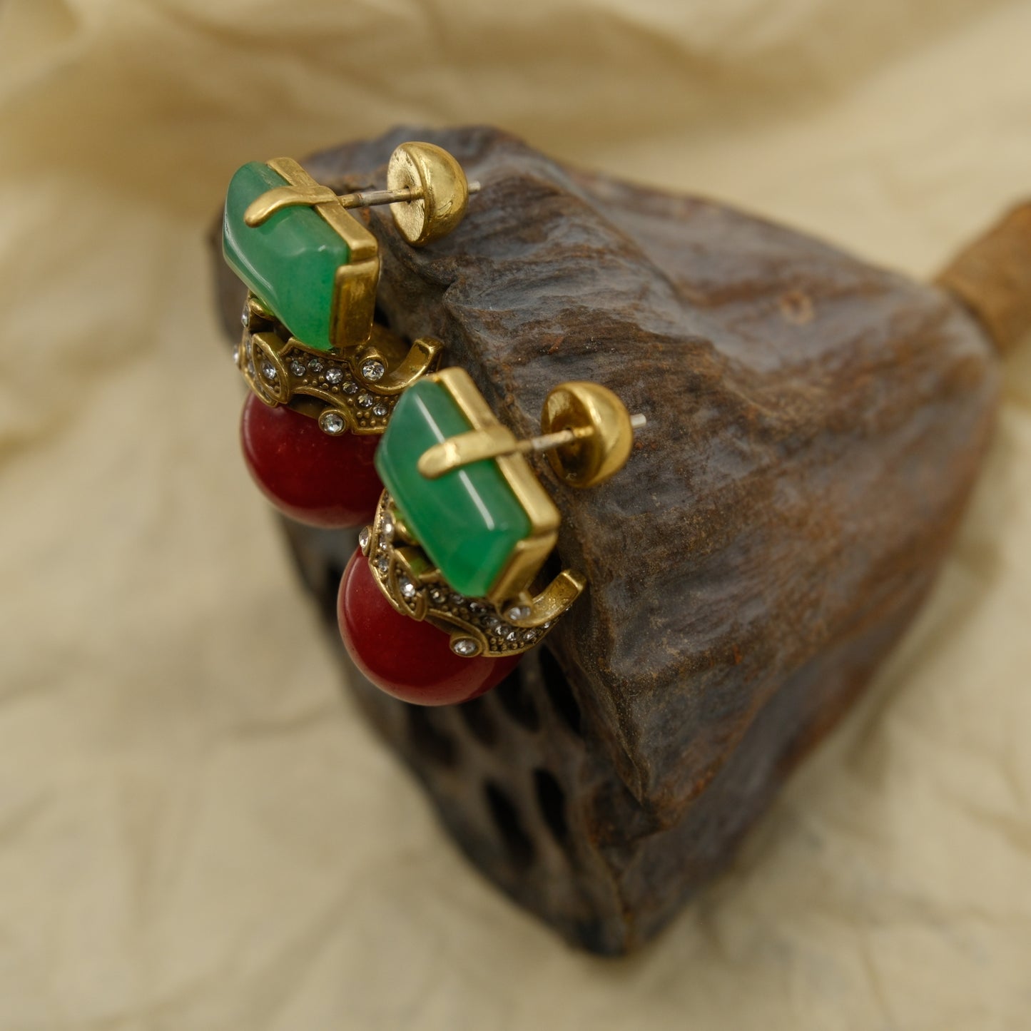 Square Pendant Earrings with Vintage Gold-Plated Copper (Distressed): Green Agate + Red Agate + Natural Stones