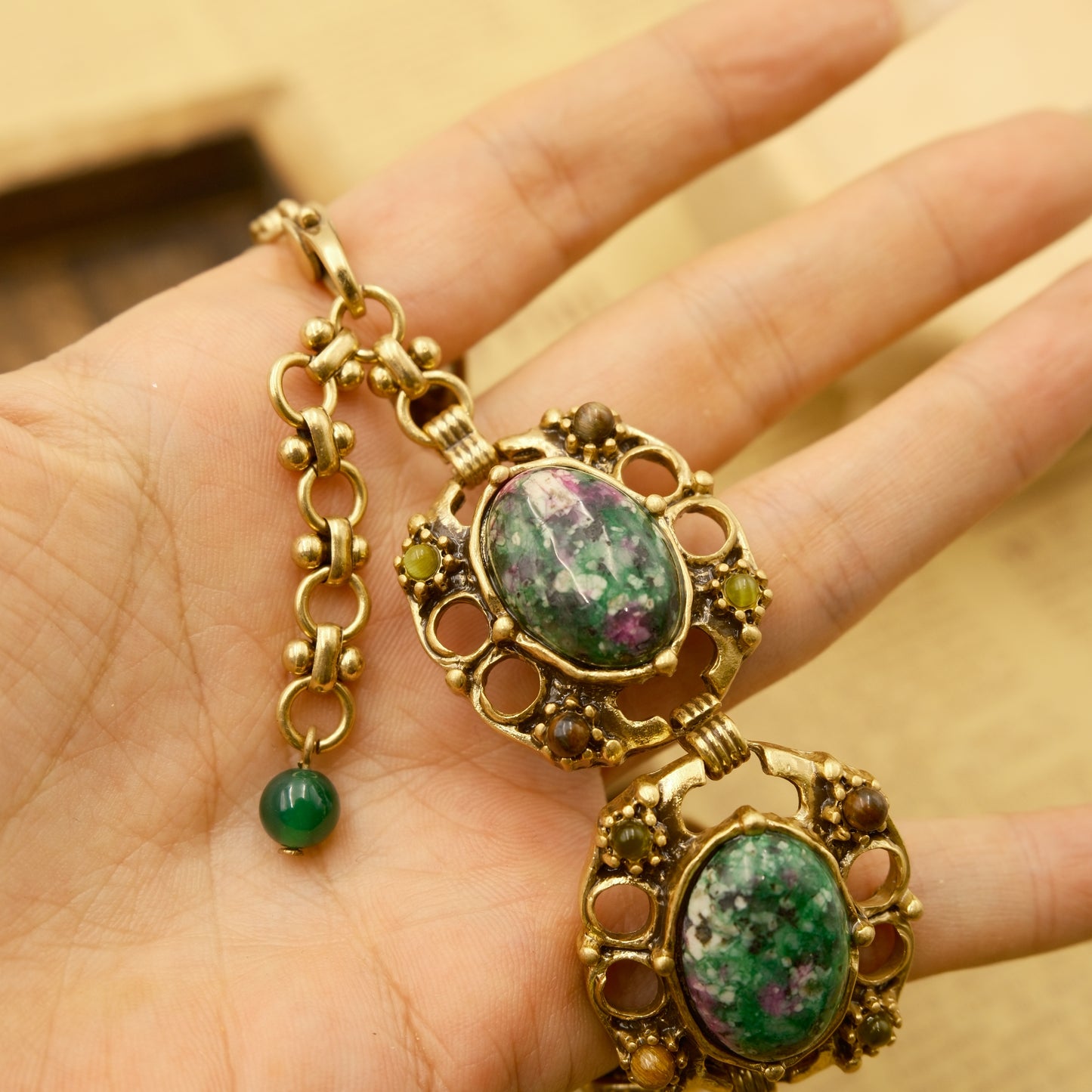 Green Stone Bracelet with Vintage Gold-Plated Copper (Distressed): Watermelon Stone