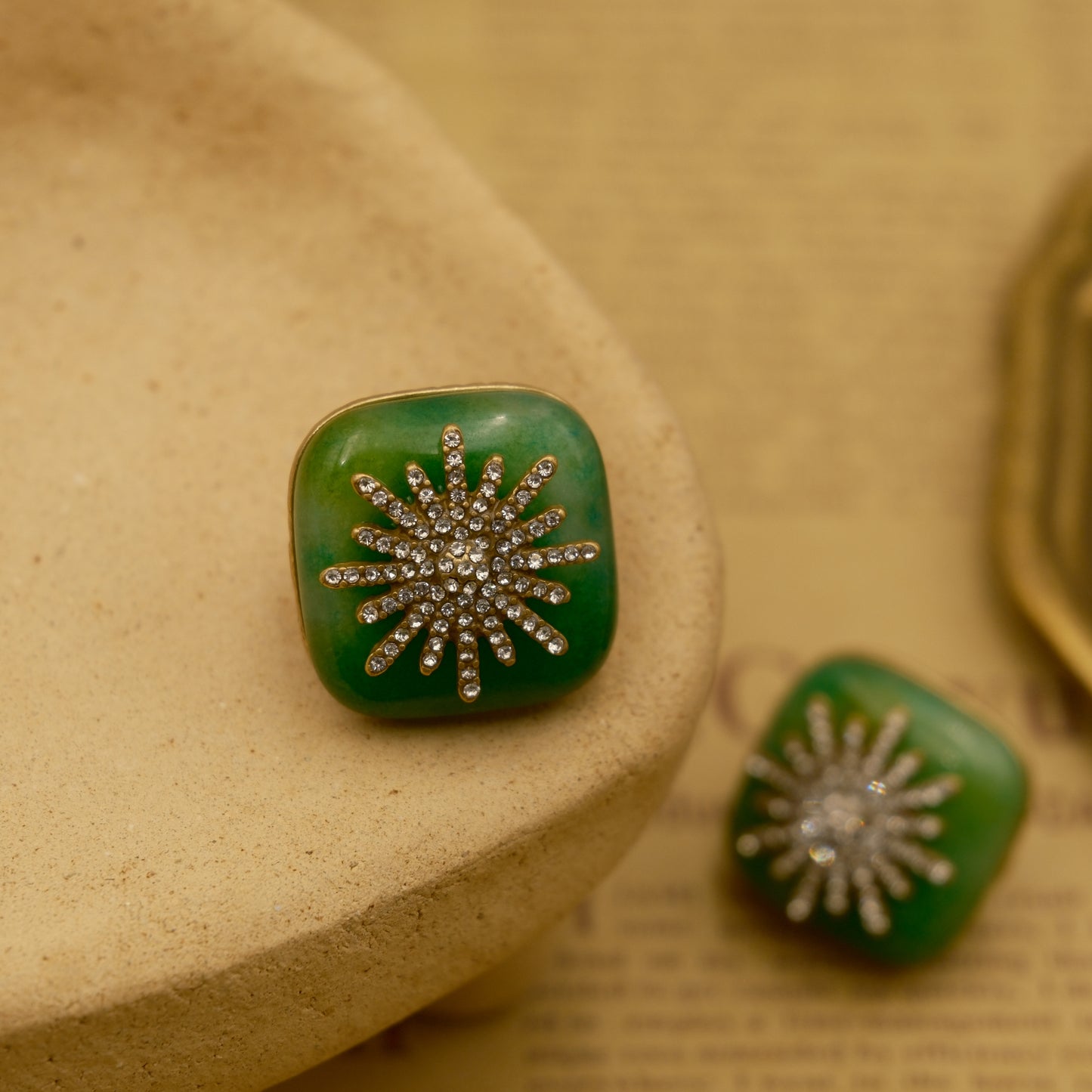 Sunflower Shaped Stud Earrings: Natural Stone + Inlaid Gem
